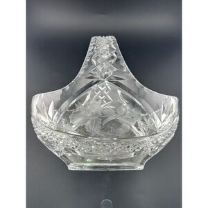 Vintage Crystal Basket with Handle Cut Glass‎ Floral Design Decor Heavy